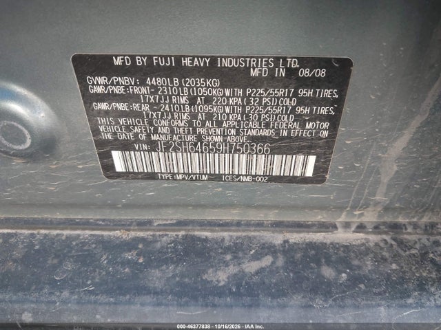 46377838 :رقم المزاد ، JF2SH64659H750366 vin ، 2009 Subaru Forester 2.5x Limited مزاد بيع