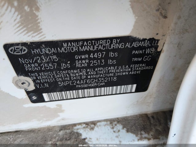 Aukcja sprzedaży 2016 Hyundai Sonata Se, vin: 5NPE24AF6GH352118, numer aukcji: 46377843