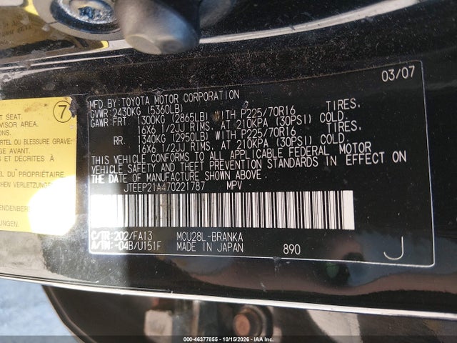 Aukcja sprzedaży 2007 Toyota Highlander V6, vin: JTEEP21A470221787, numer aukcji: 46377855