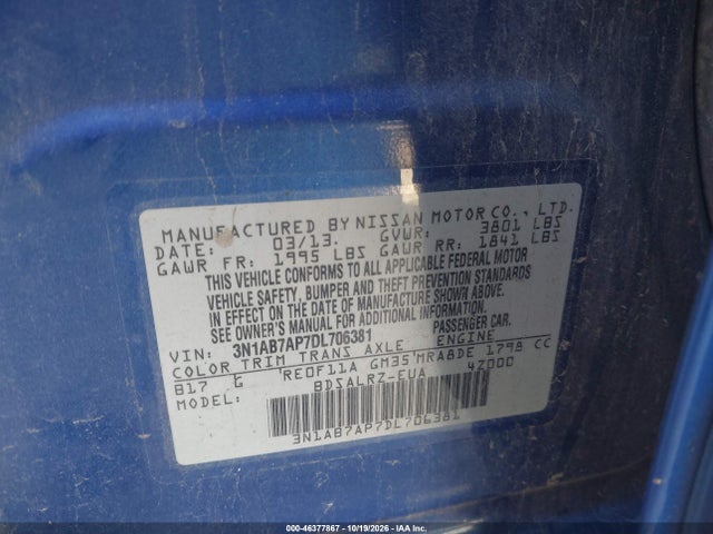 2013 Nissan Sentra Sr მანქანა იყიდება აუქციონზე, vin: 3N1AB7AP7DL706381, აუქციონის ნომერი: 46377867