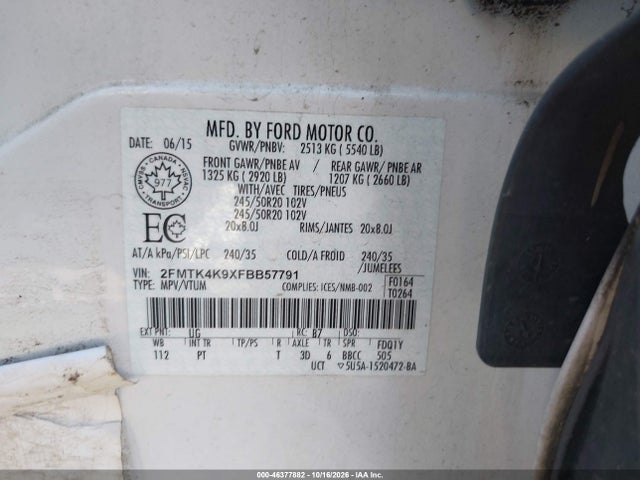 Продажа на аукционе авто 2015 Ford Edge Titanium, vin: 2FMTK4K9XFBB57791, номер лота: 46377882