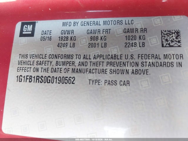 Продаж на аукціоні авто 2016 Chevrolet Camaro 1lt, vin: 1G1FB1RS0G0190562, номер лоту: 46377889