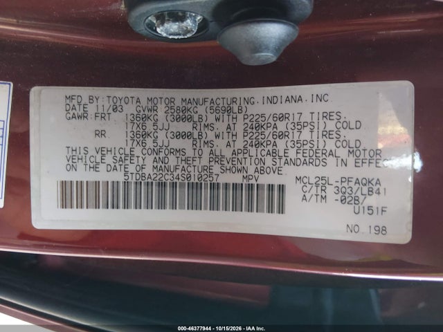 46377944 :رقم المزاد ، 5TDBA22C34S010257 vin ، 2004 Toyota Sienna Xle Limited مزاد بيع