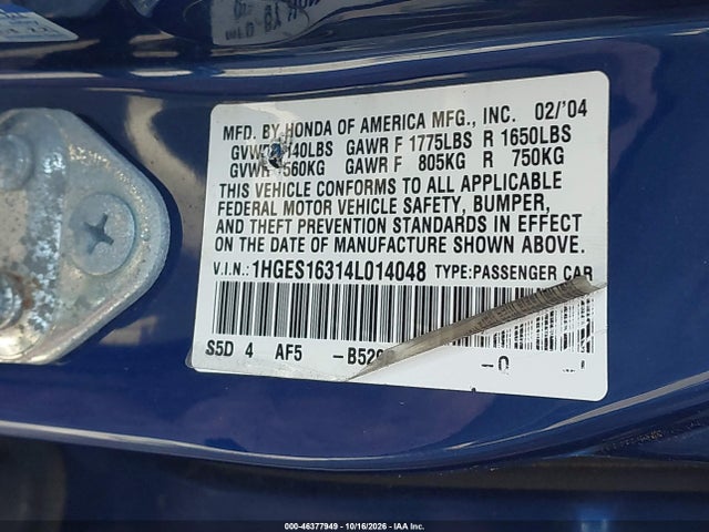 Продаж на аукціоні авто 2004 Honda Civic Vp, vin: 1HGES16314L014048, номер лоту: 46377949