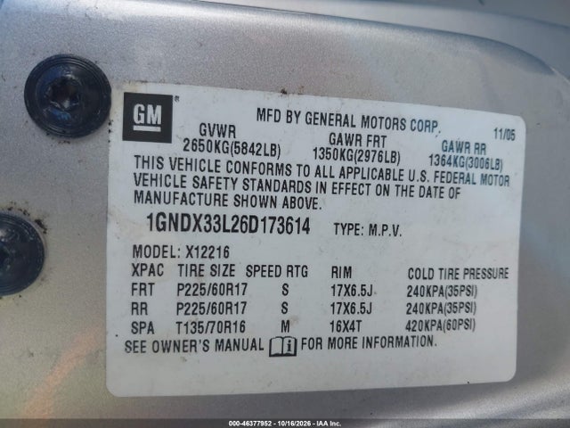 46377952 :رقم المزاد ، 1GNDX33L26D173614 vin ، 2006 Chevrolet Uplander Lt مزاد بيع