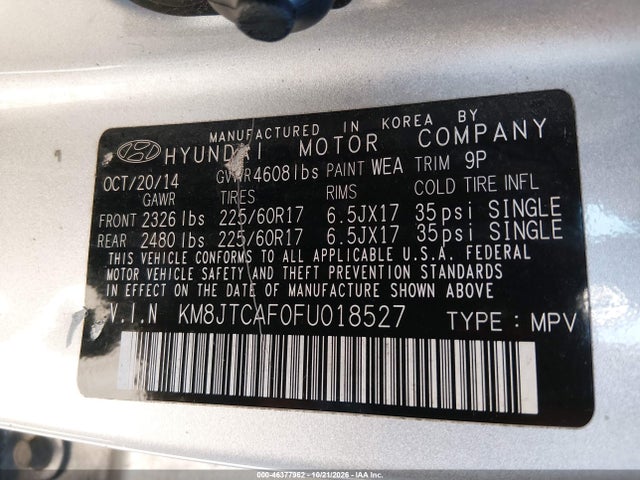 Продаж на аукціоні авто 2015 Hyundai Tucson Gls, vin: KM8JTCAF0FU018527, номер лоту: 46377962