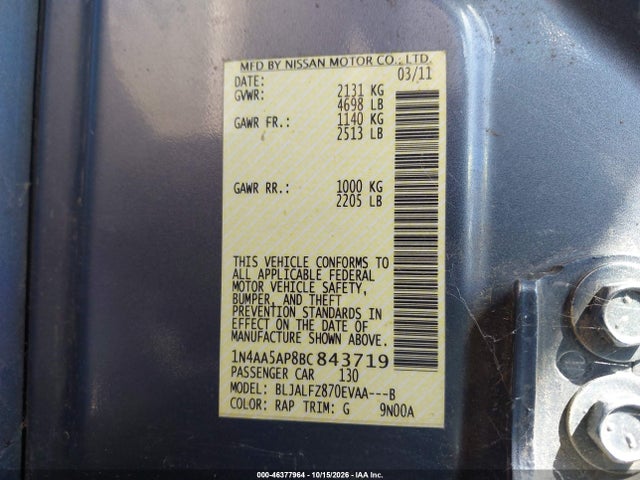 Aukcja sprzedaży 2011 Nissan Maxima 3.5 Sv, vin: 1N4AA5AP8BC843719, numer aukcji: 46377964