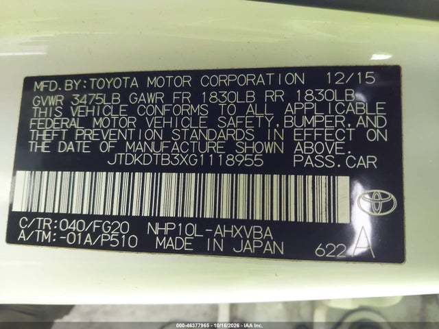 46377965 :رقم المزاد ، JTDKDTB3XG1118955 vin ، 2016 Toyota Prius C Two مزاد بيع