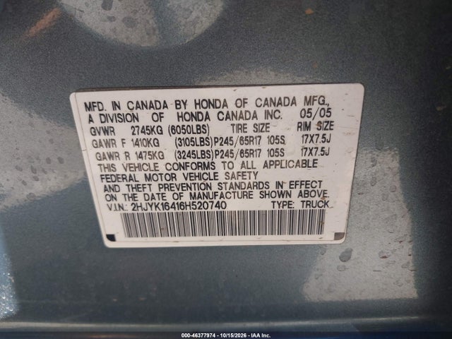 Aukcja sprzedaży 2006 Honda Ridgeline Rts, vin: 2HJYK16416H520740, numer aukcji: 46377974