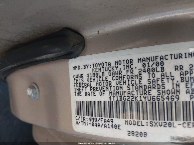 46378005 :رقم المزاد ، 4T1BG22K1YU665469 vin ، 2000 Toyota Camry Ce مزاد بيع