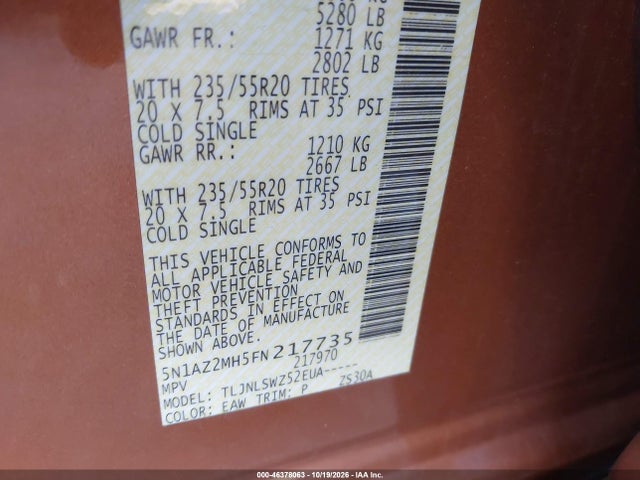 Aukcja sprzedaży 2015 Nissan Murano Platinum/s/sl/sv, vin: 5N1AZ2MH5FN217735, numer aukcji: 46378063