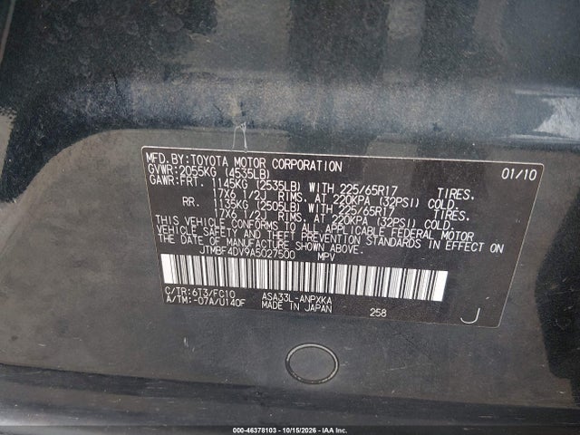 Aukcja sprzedaży 2010 Toyota Rav4, vin: JTMBF4DV9A5027500, numer aukcji: 46378103