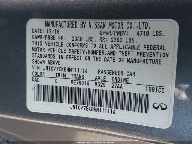 46378127 :رقم المزاد ، JN1CV7EK8HM111114 vin ، 2017 Infiniti Q60 2.0t مزاد بيع