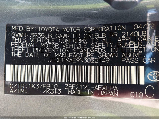 Продаж на аукціоні авто 2022 Toyota Corolla Le, vin: JTDEPMAE9N3022149, номер лоту: 46378128