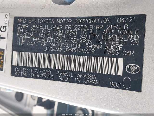 46378164 :رقم المزاد ، JTDKAMFU9M3149339 vin ، 2021 Toyota Prius L Eco مزاد بيع