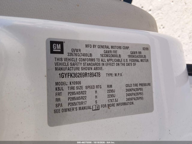 46378308 :رقم المزاد ، 1GYFK36269R189478 vin ، 2009 Cadillac Escalade Esv Platinum Edition مزاد بيع
