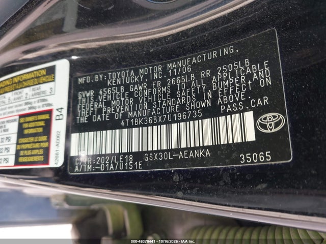 46378441 :رقم المزاد ، 4T1BK36BX7U196735 vin ، 2007 Toyota Avalon Touring مزاد بيع