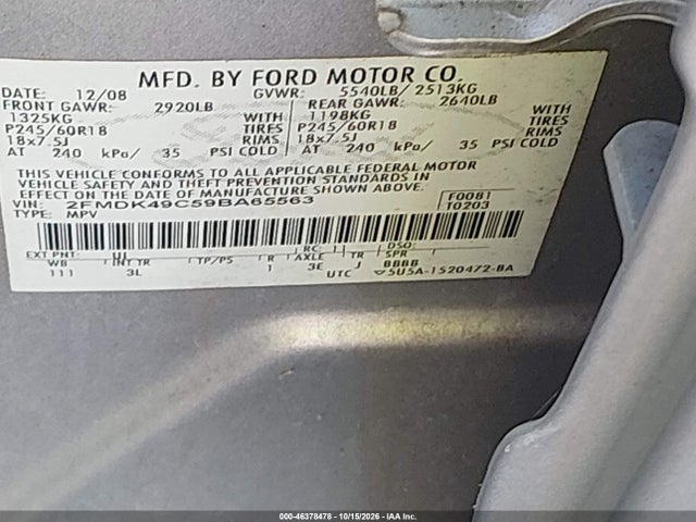 46378478 :رقم المزاد ، 2FMDK49C59BA65563 vin ، 2009 Ford Edge Limited مزاد بيع