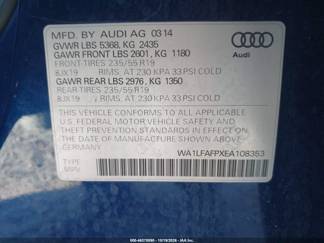 Aukcja sprzedaży 2014 Audi Q5 2.0t Premium, vin: WA1LFAFPXEA108353, numer aukcji: 46378590