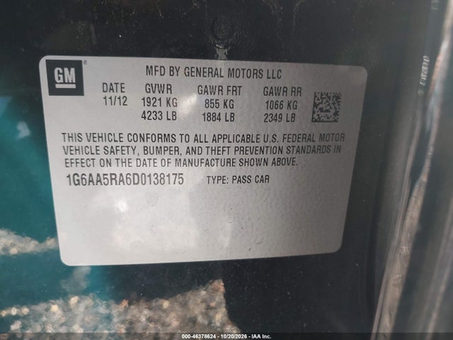 46378624 :رقم المزاد ، 1G6AA5RA6D0138175 vin ، 2013 Cadillac Ats Standard مزاد بيع