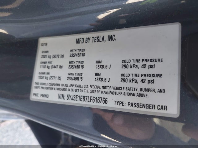 2020 Tesla Model 3 მანქანა იყიდება აუქციონზე, vin: 5YJ3E1EB7LF616766, აუქციონის ნომერი: 46378636