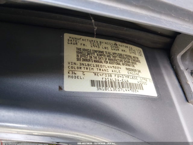 Aukcja sprzedaży 2007 Nissan Versa S/sl, vin: 3N1BC13E07L449224, numer aukcji: 46378639