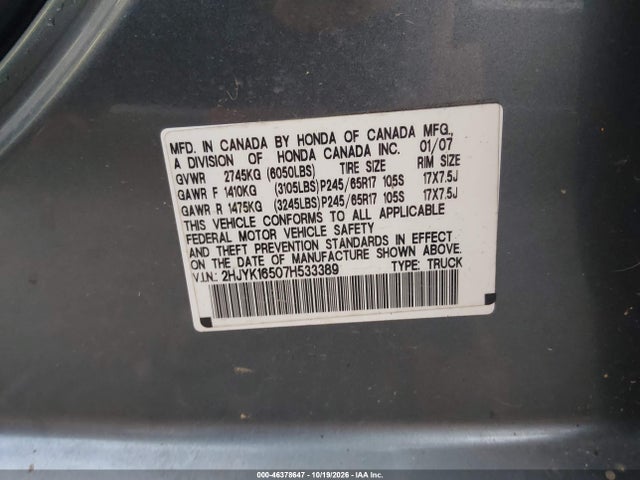 46378647 :رقم المزاد ، 2HJYK16507H533389 vin ، 2007 Honda Ridgeline Rtl مزاد بيع