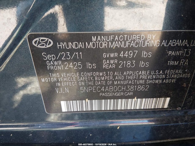 Aukcja sprzedaży 2012 Hyundai Sonata Limited 2.0t, vin: 5NPEC4AB0CH381862, numer aukcji: 46378692