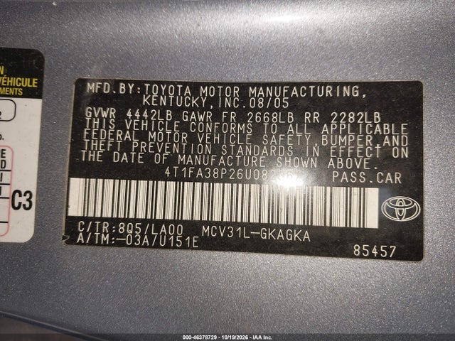 46378729 :رقم المزاد ، 4T1FA38P26U082367 vin ، 2006 Toyota Camry Solara Sle مزاد بيع
