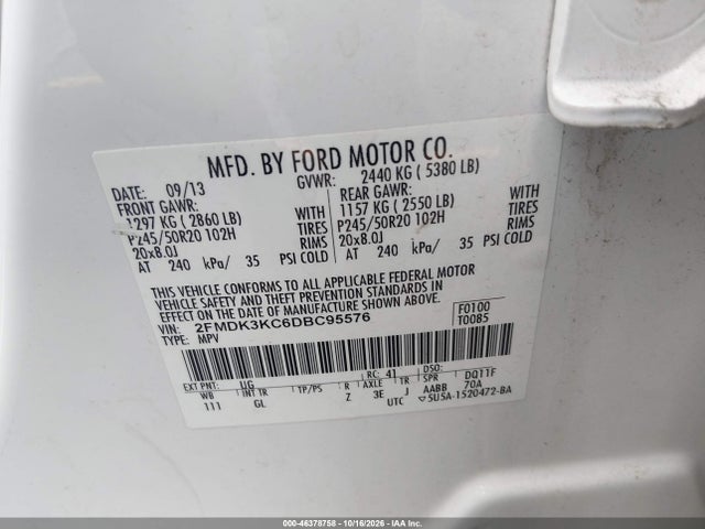 46378758 :رقم المزاد ، 2FMDK3KC6DBC95576 vin ، 2013 Ford Edge Limited مزاد بيع