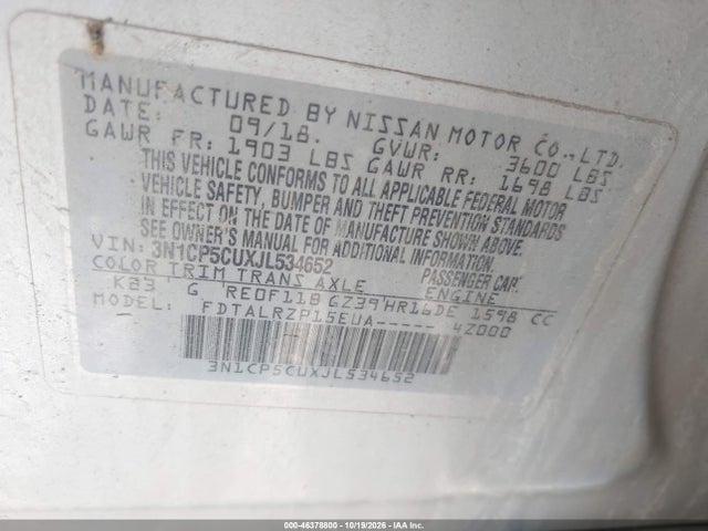 46378800 :رقم المزاد ، 3N1CP5CUXJL534652 vin ، 2018 Nissan Kicks S مزاد بيع