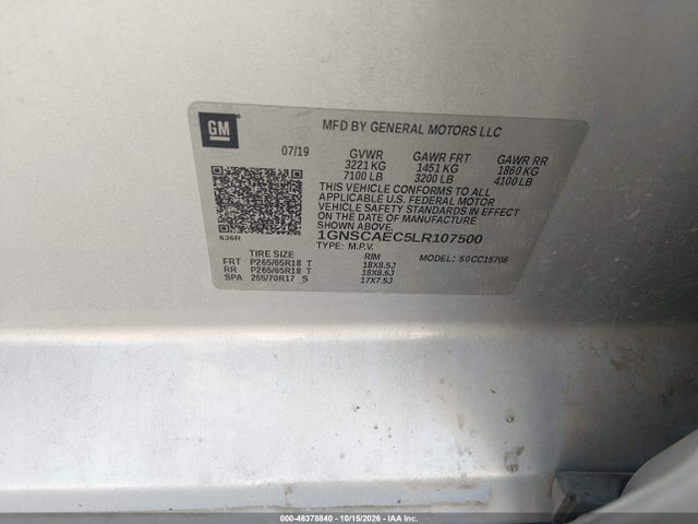 Aukcja sprzedaży 2020 Chevrolet Tahoe 2wd Ls, vin: 1GNSCAEC5LR107500, numer aukcji: 46378840