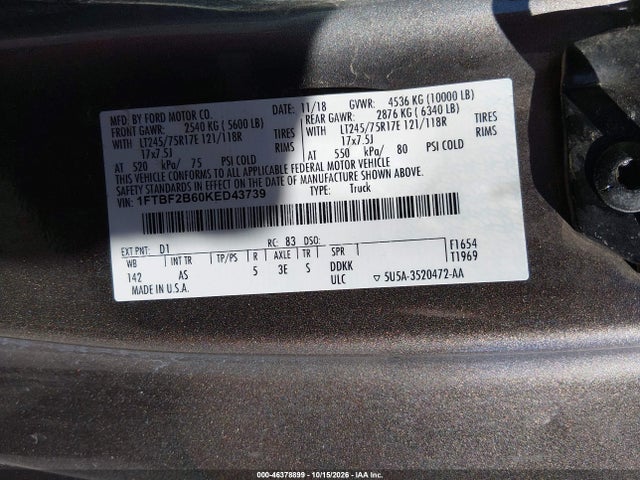 Продаж на аукціоні авто 2019 Ford F-250 Xl, vin: 1FTBF2B60KED43739, номер лоту: 46378899