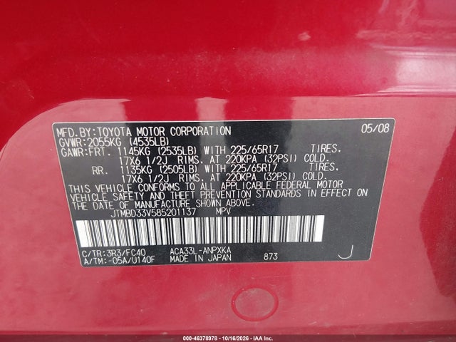 Aukcja sprzedaży 2008 Toyota Rav4, vin: JTMBD33V585201137, numer aukcji: 46378978
