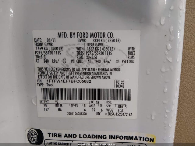 Продаж на аукціоні авто 2011 Ford F-150 Lariat, vin: 1FTFW1EF7BFC05682, номер лоту: 46379025