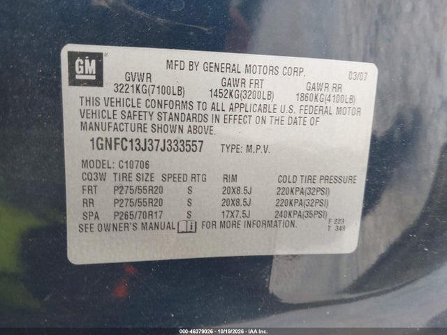 Продаж на аукціоні авто 2007 Chevrolet Tahoe Lt, vin: 1GNFC13J37J333557, номер лоту: 46379026