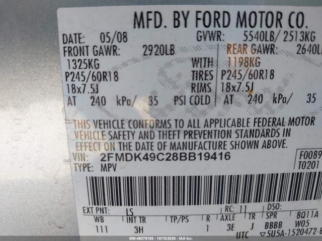 Продаж на аукціоні авто 2008 Ford Edge Limited, vin: 2FMDK49C28BB19416, номер лоту: 46379100