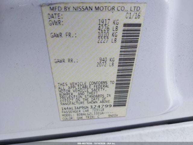 Продаж на аукціоні авто 2016 Nissan Altima 2.5/2.5 S/2.5 Sl/2.5 Sr/2.5 Sv, vin: 1N4AL3AP9GN324799, номер лоту: 46379256