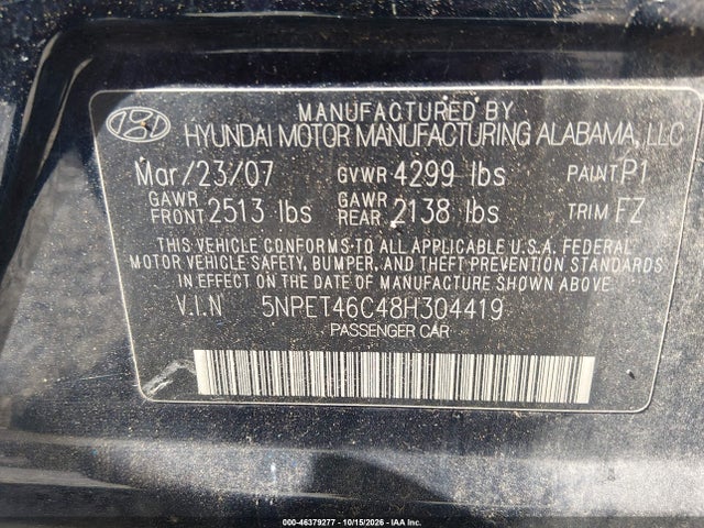 Aukcja sprzedaży 2008 Hyundai Sonata Gls, vin: 5NPET46C48H304419, numer aukcji: 46379277