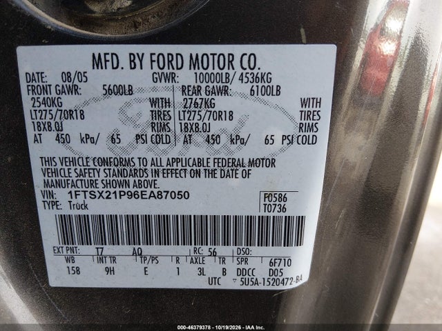 2006 Ford F-250 Lariat/xl/xlt მანქანა იყიდება აუქციონზე, vin: 1FTSX21P96EA87050, აუქციონის ნომერი: 46379378