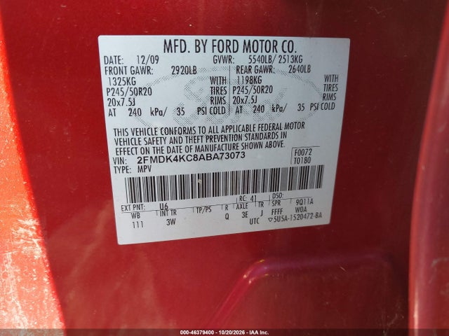 Продажа на аукционе авто 2010 Ford Edge Limited, vin: 2FMDK4KC8ABA73073, номер лота: 46379400