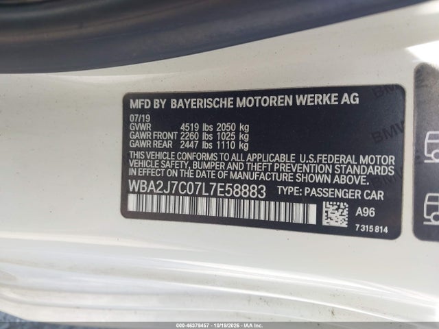 Aukcja sprzedaży 2020 Bmw M240i Xdrive, vin: WBA2J7C07L7E58883, numer aukcji: 46379457