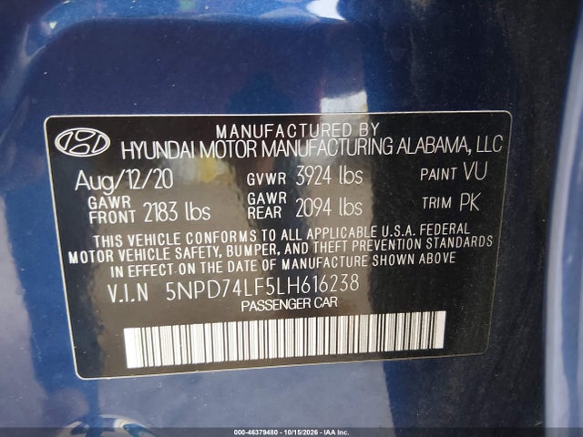 Продажа на аукционе авто 2020 Hyundai Elantra Se, vin: 5NPD74LF5LH616238, номер лота: 46379480