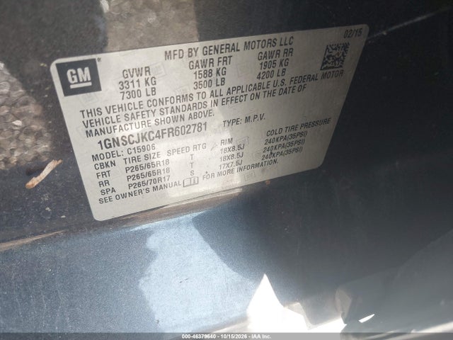 46379640 :رقم المزاد ، 1GNSCJKC4FR602781 vin ، 2015 Chevrolet Suburban 1500 Lt مزاد بيع