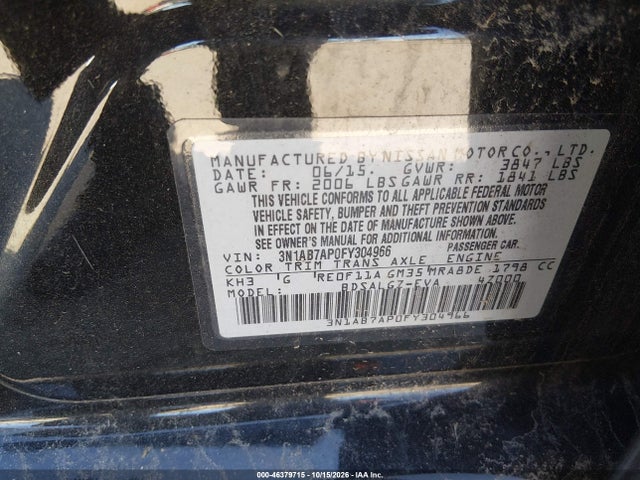 Продажа на аукционе авто 2015 Nissan Sentra Sl, vin: 3N1AB7AP0FY304966, номер лота: 46379715