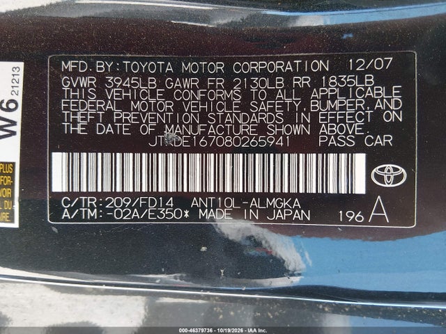 Aukcja sprzedaży 2008 Scion Tc, vin: JTKDE167080265941, numer aukcji: 46379736