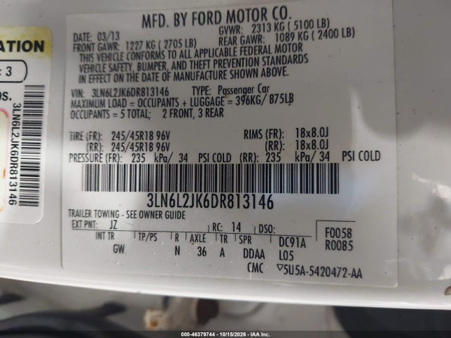 Продажа на аукционе авто 2013 Lincoln Mkz, vin: 3LN6L2JK6DR813146, номер лота: 46379744