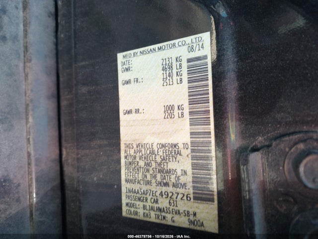 46379756 :رقم المزاد ، 1N4AA5AP7EC492726 vin ، 2014 Nissan Maxima 3.5 Sv مزاد بيع