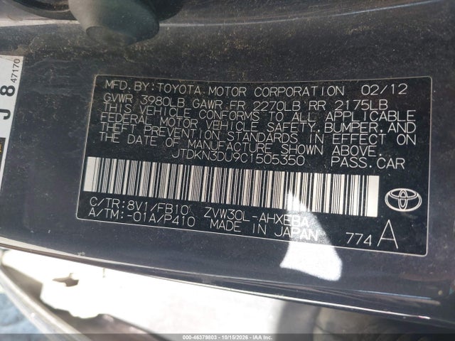 46379803 :رقم المزاد ، JTDKN3DU9C1505350 vin ، 2012 Toyota Prius Two مزاد بيع