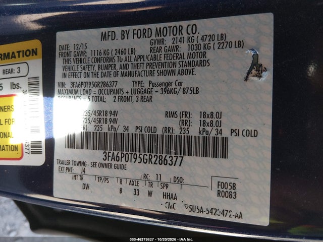 2016 Ford Fusion Se მანქანა იყიდება აუქციონზე, vin: 3FA6P0T95GR286377, აუქციონის ნომერი: 46379827